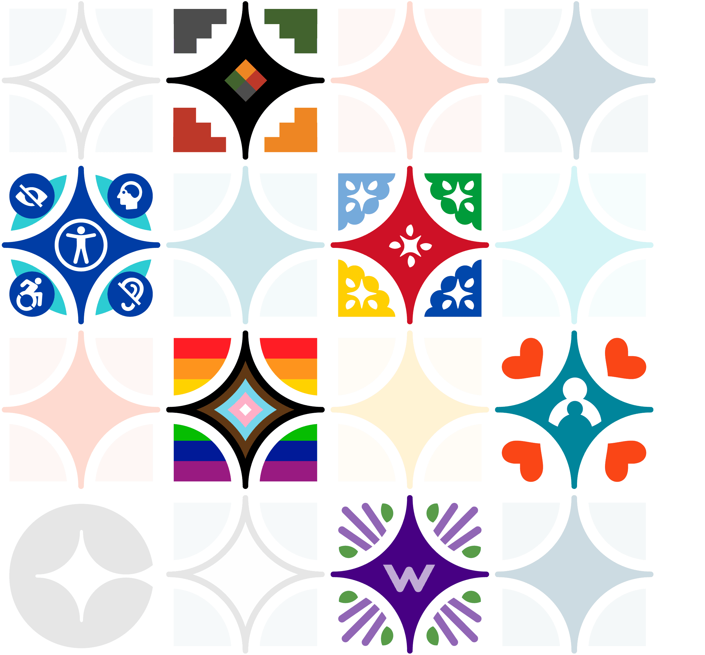 Un motif géométrique coloré avec la lettre w au milieu.