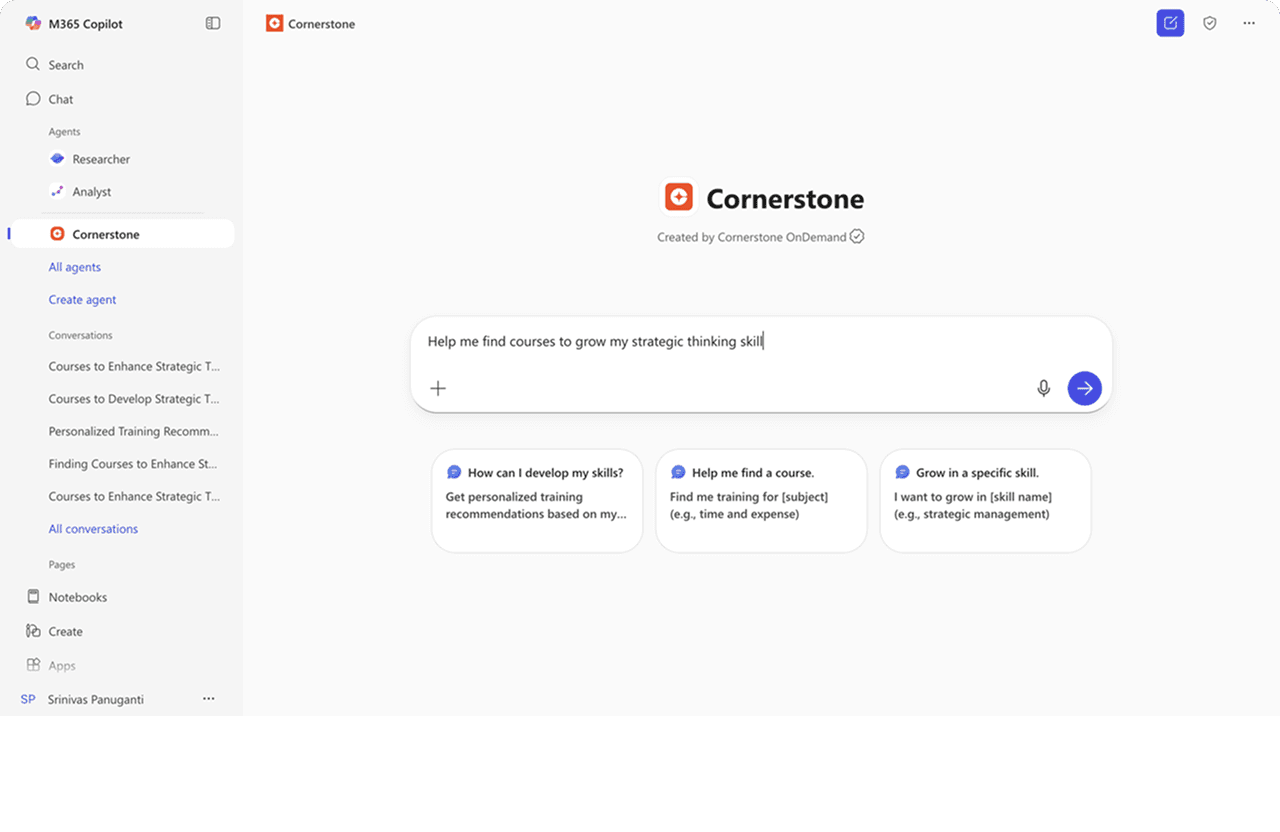A screenshot of Microsoft 365 Copilot's Cornerstone app with a query "Help me find courses to grow my strategic thinking skill".