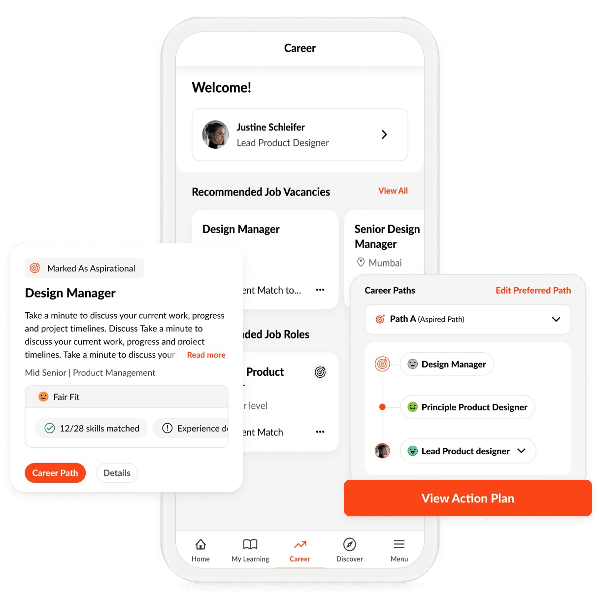 A mobile app displaying career management features, including job recommendations, skill matching, and a visual career progression.