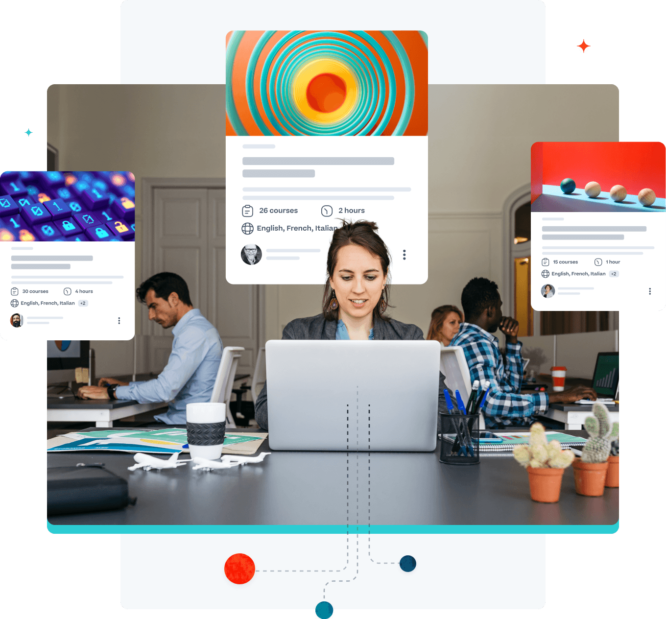 Image graphique d'une femme travaillant dans un bureau où l'on peut voir des représentations des travaux de cours qu'elle effectue sur son ordinateur portable.