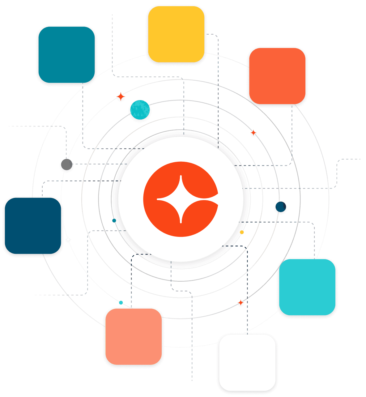 Divers blocs tous reliés avec le logo Cornerstone au centre.